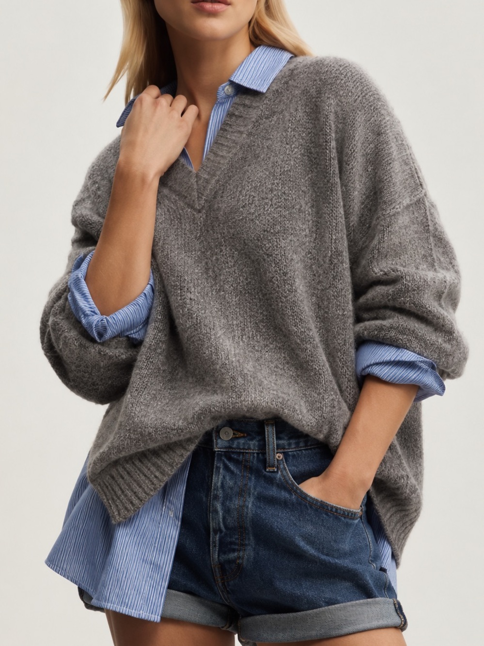 JAEGER 100% Alpaca Classic V-Neck Knit Sweater in Gray Oldmoney Sz XLarge